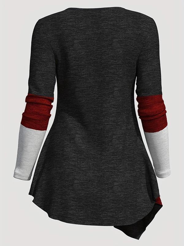 Women's Colorblock Asymmetrical Hem Button Tee, Casual Long Sleeve Cowl Neck T-shirt for Fall & Winter, T Shirts for Women, Women's Clothing for Daily Wear