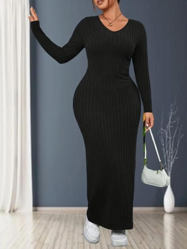  Solid V Neck Bodycon Dress, Elegant Long Sleeve Ribbed Dress for Party Holiday Wedding Guest, Women's Clothes for Fall & Winter