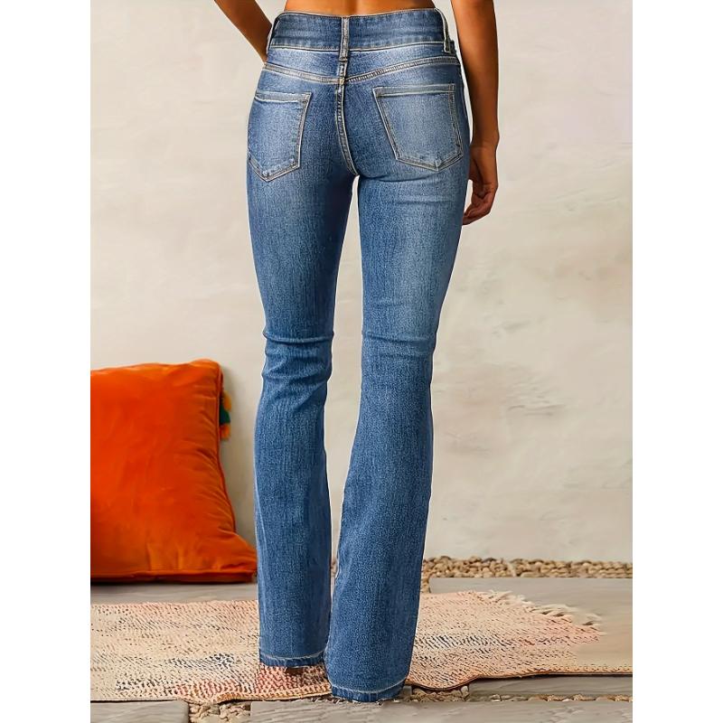 Women's Stretchy Bootcut Jeans with Double Button Closure - Casual Denim Flare Pants, Machine Washable