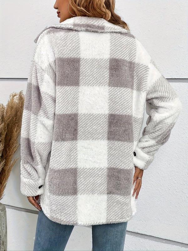 Women's Plaid Print Fuzzy  Jacket, Casual Long Sleeve Open Front Outerwear for Fall & Winter, Women's Clothes for Daily Wear