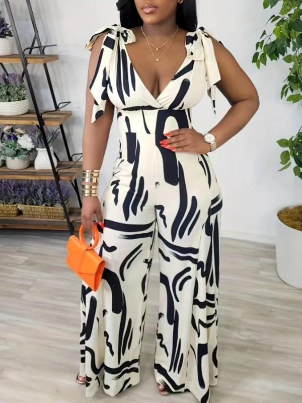 Women's All Over Print Knot Shoulder Backless Jumpsuit, Elegant Fashion Casual Deep V Neck Wide Leg Jumpsuit for Daily Outdoor Wear, Ladies Clothes for Summer