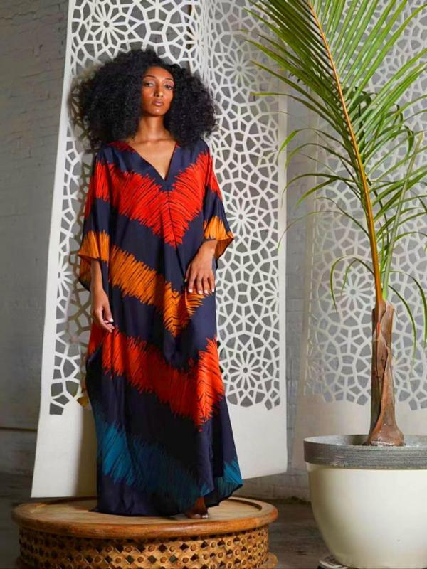  Striped Print Kaftan Dress, Dresses for Women, Beach Outfits, Boho Batwing Sleeve Split Hem Dress for Summer Beach Holiday Vacation, Summer Dresses 2024, Plus Size Women's Clothing for Daily Wear