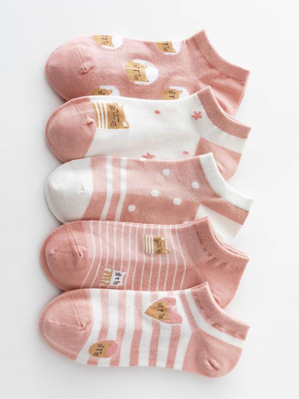 Women's 5 Pairs Cute Cat & Heart Print Ankle Socks, Women Knit Socks, Breathable Cozy Socks, Multi-pack Candy Color Knit Socks, Comfort Basic Women's Socks, Comfortable Everyday Womenswear