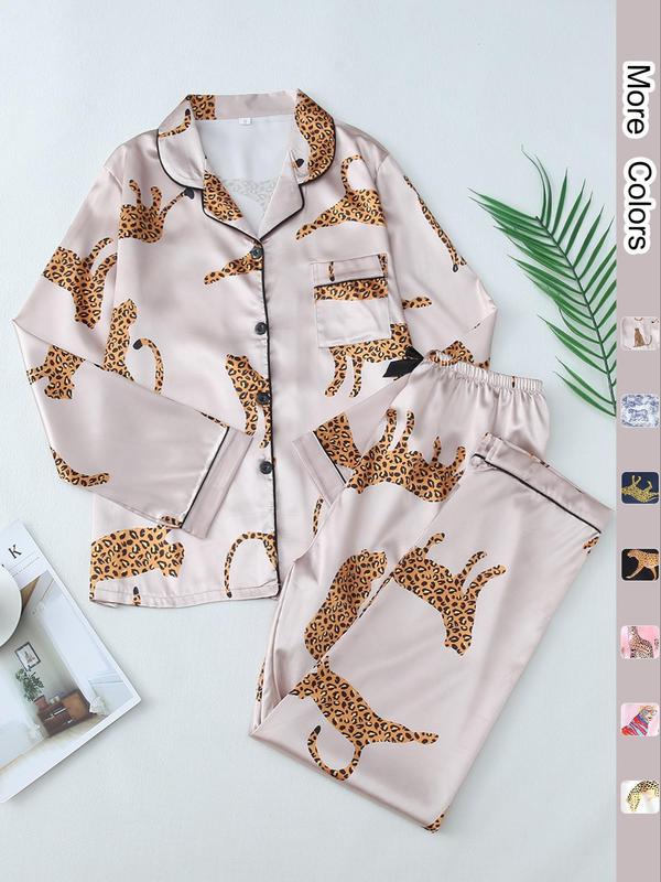 Two-Piece Set Women's Animal Print Contrast Binding Shirt & Elastic Waist Pants Satin Pyjama Set, Casual Comfy Long Sleeve Pocket Button Up Top & Trousers PJ Set, Ladies Sleepwear for All Seasons