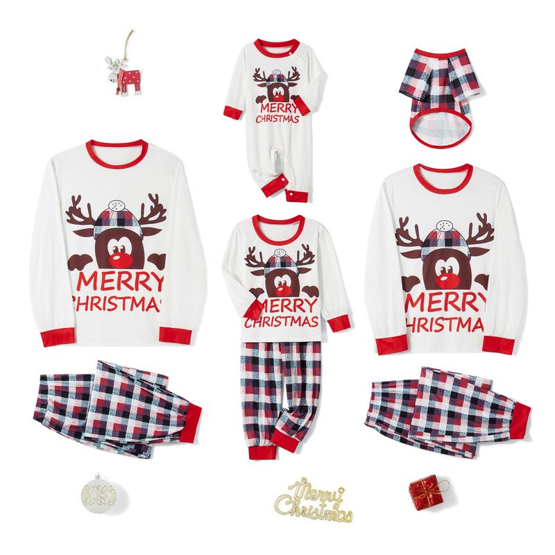 Christmas Family Pajamas Matching Set, Long Sleeve Cartoon Elk T-shirt with Plaid Pants Sleepwear Loungewear