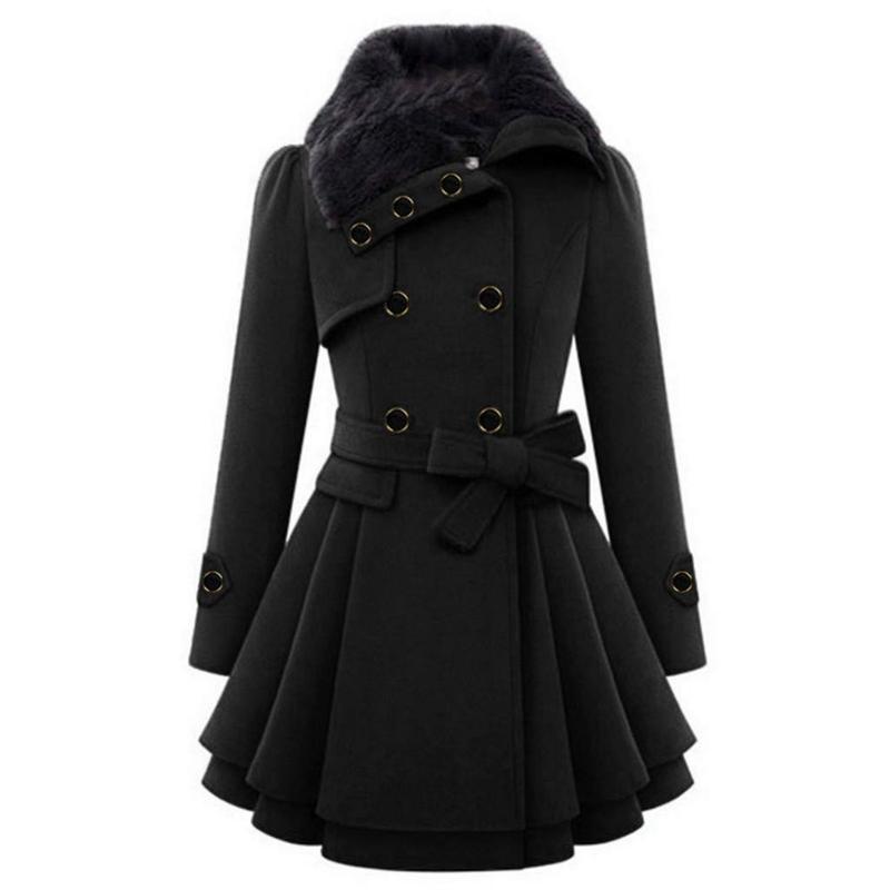 Women's Faux Fur Jacket Double Breasted Faux Fur Collar Jacket Lapel Pea Women's Winter Long Trench Coat with Belt Elegant Swing Coat trendy woman casual long