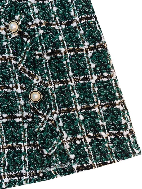 Plus Size Plaid Jacquard  Faux Pearls Decor Button Split Hem A Line Skirt, Elegant High Waist Short Skirt for Daily Vacation Party, Women's Bottoms for Spring & Fall