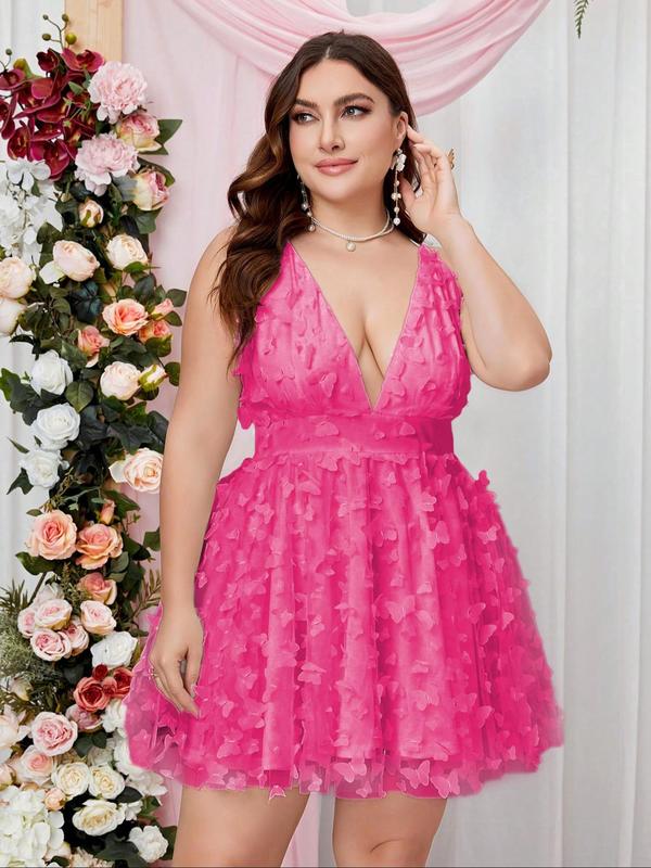 Plus Size Butterfly Backless Criss Cross Tulle Dress, Summer Deep V Neck A Line Dress for Vacation Holiday Wedding Guest, Mean Girls Party Womenswear