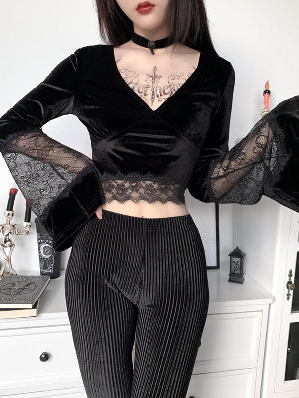 Women's Solid Contrast Lace Sheer Flounce Sleeve Skinny Blouse, Punk Minimalist V Neck Long Sleeve Crop Shirts Womenswear, Going Out Outfits 2024, 2000s Vintage Tops, Fall Clothing Women, Downtown Girl Clothes  for Christmas