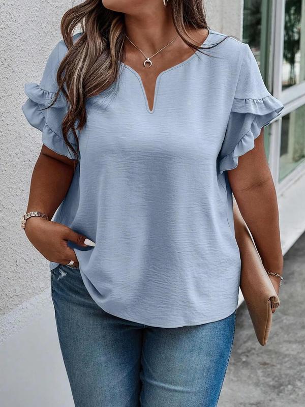  Plain Frill Trim Petal Sleeve Notched Neck Tee, Casual Short Sleeve T-shirt for Daily Wear, Women Plus Clothing for All Seasons