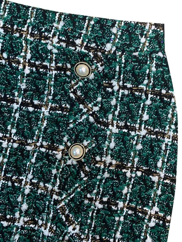 Plus Size Plaid Jacquard  Faux Pearls Decor Button Split Hem A Line Skirt, Elegant High Waist Short Skirt for Daily Vacation Party, Women's Bottoms for Spring & Fall