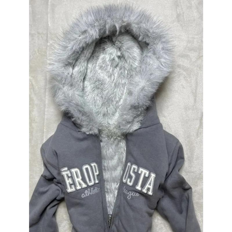 Y2K Goth Fur Collar Hooded Zipper Jacket Harajuku Letter Graphic Embroidery Slim Hoodie Autumn Winter Hot Girl Jacket Sweatshirt