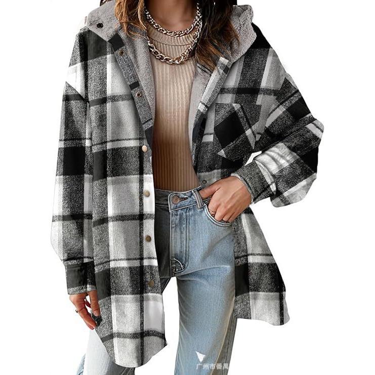 2024 new arrival hot sale WOMEN'S flannel stripes jacket long sleeve autumn button hooded jacket