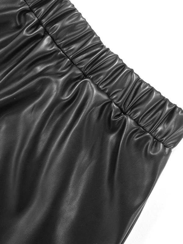 Women's Solid Ruched Bow Decor PU Leather Skirt, Elegant High Waist Wrap Skirt for Daily Wear, Ladies Fall & Winter Bottoms