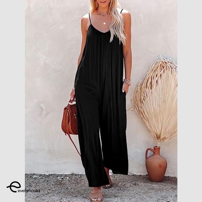 EVELLYHOOTD Plus Size Women Fashion Wide Leg Suspender Jumpsuit with Pockets Curvy Overalls 