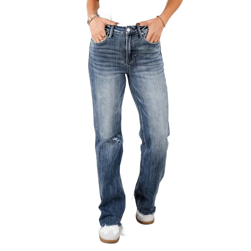 Risen High Rise Dark Wash Long Inseam Straight Leg Jeans