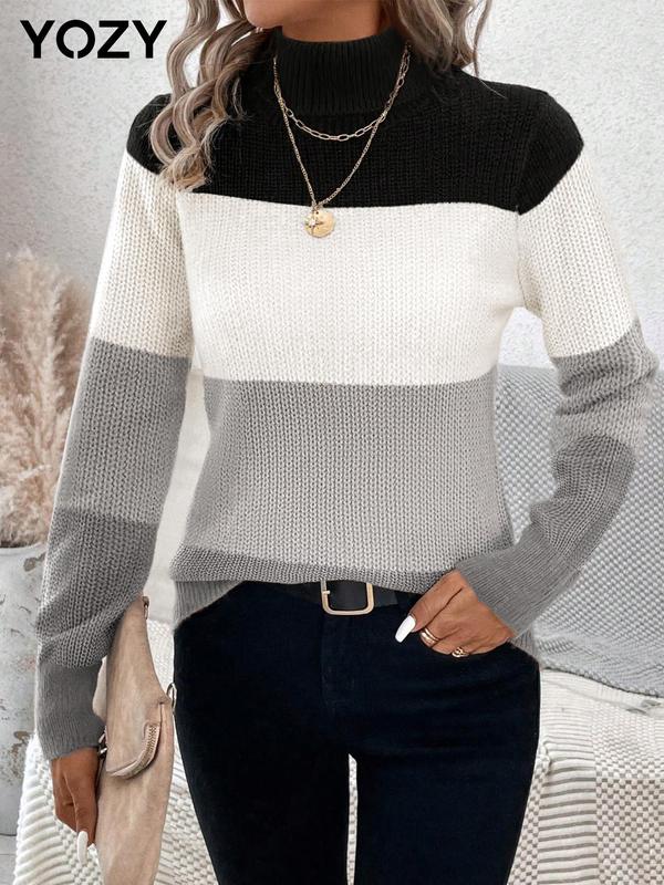 YOZY Women's Colorblock Print High Neck Sweater, Casual Long Sleeve Jumper for Fall & Winter, Fashion Ladies' Knitwear for Daily Wear