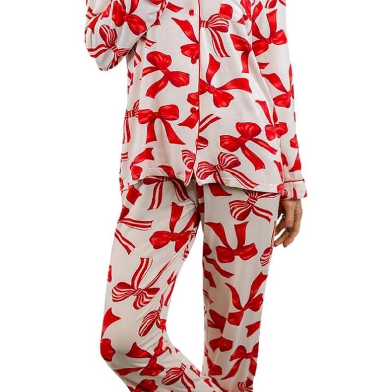 Christmas Bow Pajamas , Holiday Pajamas , Women’s Pajamas , Cozy Red Bow Pjs