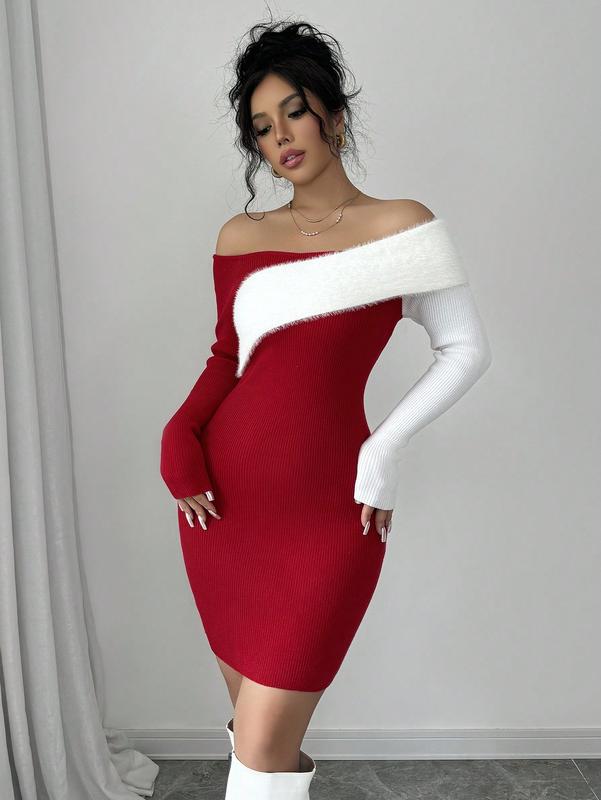 Solid Color Elegant Christmas Color Block Furry Off Shoulder Long Sleeve Sweater Dress special event daily dress