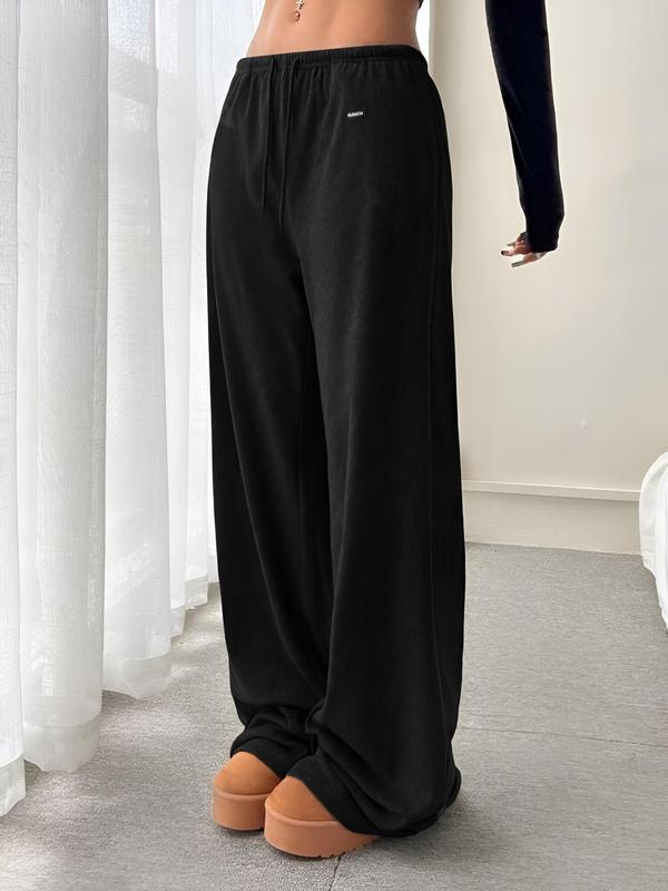 Women's Solid Drawstring Waist Fleece Sweatpants, Casual Comfy Midi Pants for Daily Wear, Ladies Fall & Winter Trousers