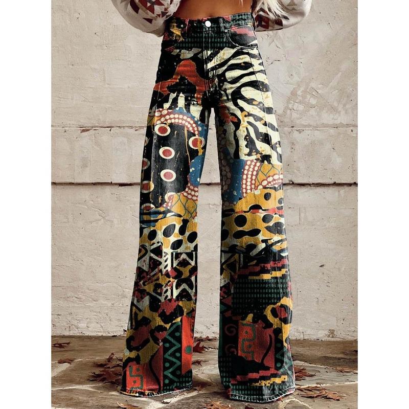 European and American plus Size Casual Pants Thin Imitation Jeans Wide Leg Pants 3D Hot Selling Women's Pants