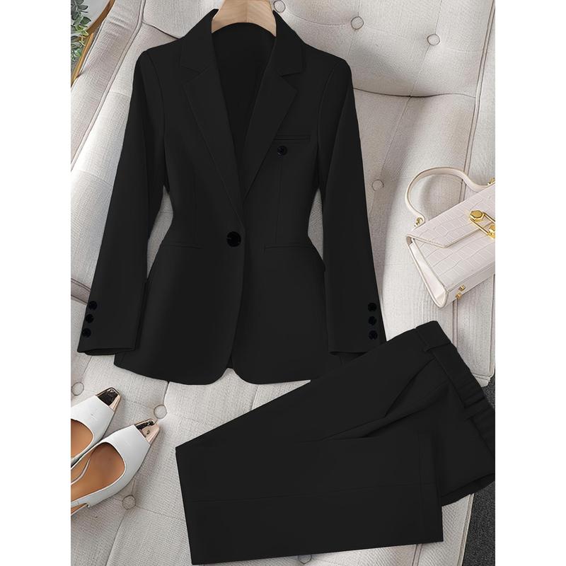 Long Sleeve Solid Color Elegant Suit Set, Slim Blazer & Straight Leg Pants, Women's Clothing