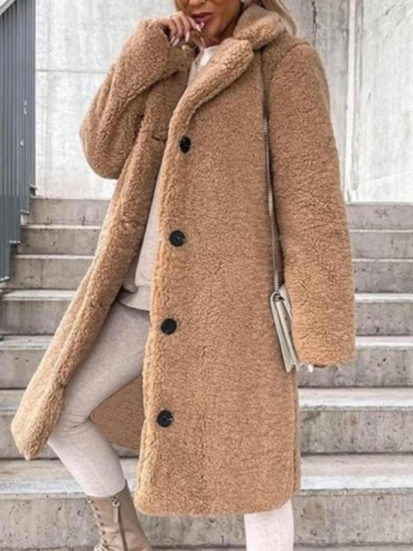 Women's Solid Button Front Fuzzy Coat, Casual Long Sleeve Lapel Neck Outerwear for Fall & Winter, Women's Clothing for Daily Wear