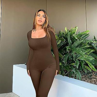 Women's solid ribbed long sleeve bodysuit jumpsuit. Tight fitting tummy control one piece. Spring and Summer perfect