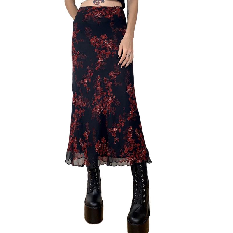 Women Long Skirt, Vintage Elegant Flower Summer Fall Skirt for Casual Daily Dating Navy Womenswear Bottom Light