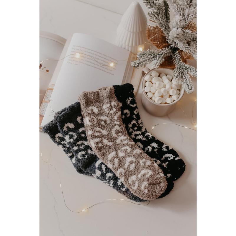 Leopard Print Fuzzy Crew Socks - Taupe - FINAL SALE