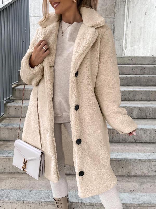 Women's Solid Button Front Fuzzy Coat, Casual Long Sleeve Lapel Neck Outerwear for Fall & Winter, Women's Clothing for Daily Wear