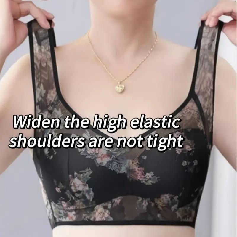 2-piece Black and grey Women's Super tulle print bra No underwire no restraint Comfortable breathable vest seamless bra for women