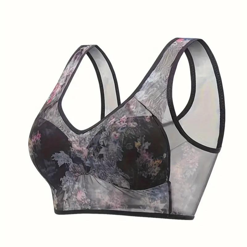 2-piece Black and grey Women's Super tulle print bra No underwire no restraint Comfortable breathable vest seamless bra for women