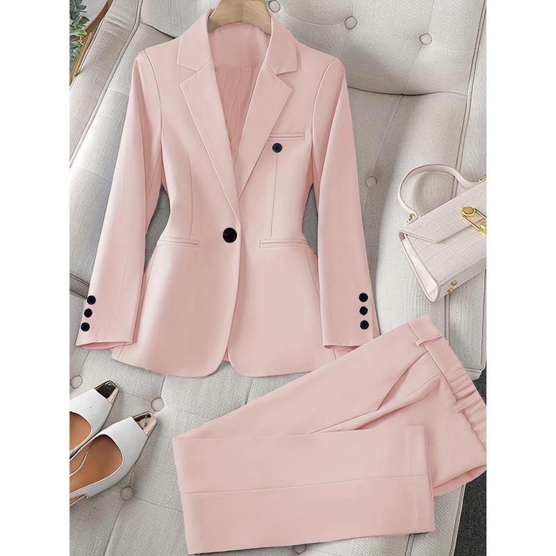 Long Sleeve Solid Color Elegant Suit Set, Slim Blazer & Straight Leg Pants, Women's Clothing