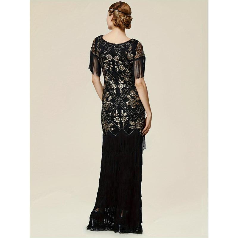 WOMEN'S flapper dress 1920s v-neck evening gown beaded maxi dress for wedding black silver