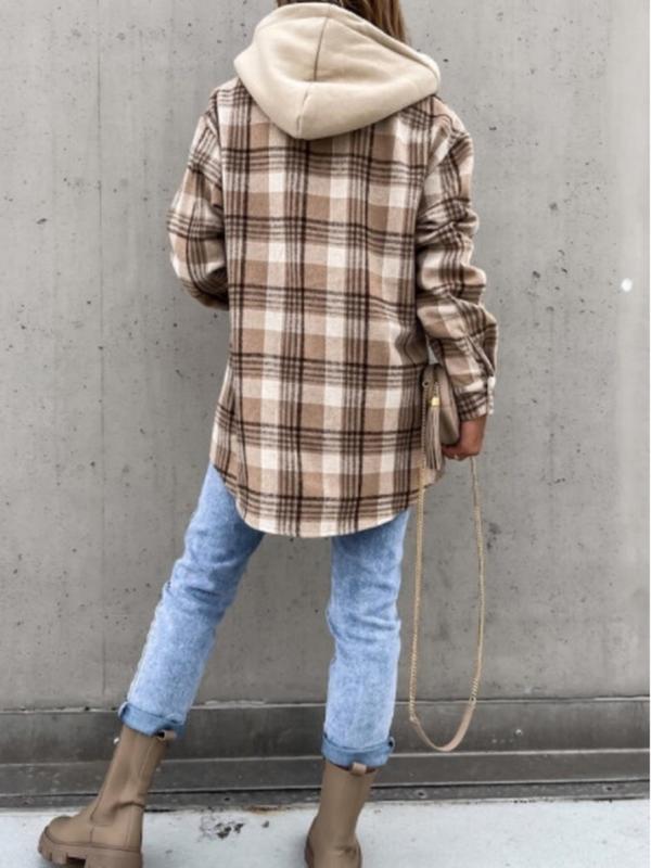 Women's Plaid Print Button Front Detachable Hooded Shirt Jacket, Casual Drop Shoulder Long Sleeve Flap Pocket Jacket for Fall & Winter, Women's Clothing for Daily Wear