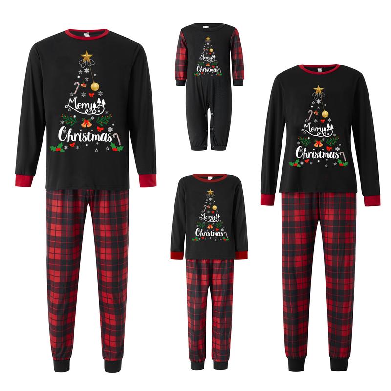 Matching Christmas Pajamas For Family, Letter & Snowflake Print Long-Sleeved Tops + Plaid Trousers Sleepwear Outfits Womenswear