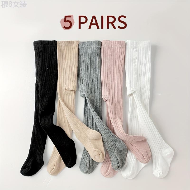 5 Pairs Girl's Knitted Solid Color Pantyhose, Cotton Blend Comfy Breathable Soft Slim-fit Socks For Outdoor Wearing