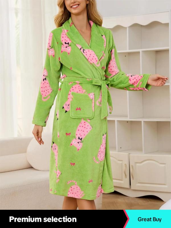 Women's Animal Print Pocket Belted Lounge Robe, Princess Robe, Casual Long Sleeve Shawl Collar Dressing Gown, Ladies Sleepwear for Fall & Winter, 2024 Fall Wear, Fallfreshness