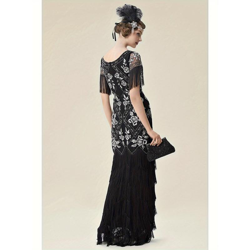 WOMEN'S flapper dress 1920s v-neck evening gown beaded maxi dress for wedding black silver