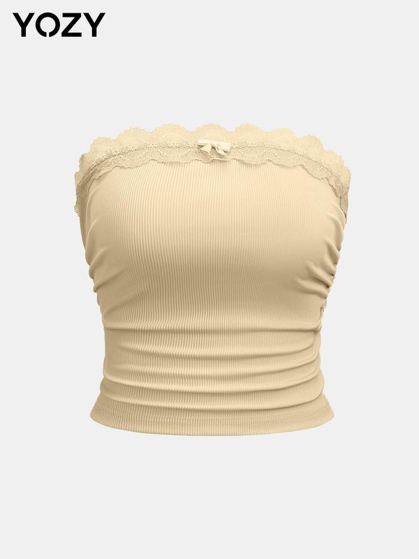 YOZY [3 Colors, Size 0 2-12] Lace Ruched Tube Top, Casual Plain Bow Front Contrast Strapless Top, 2024 Women's Daily Wear for Spring & Summer, [xs-xl]