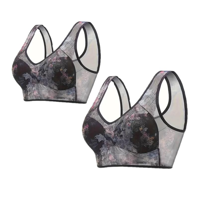 2-piece Black and grey Women's Super tulle print bra No underwire no restraint Comfortable breathable vest seamless bra for women