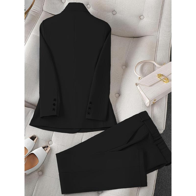 Long Sleeve Solid Color Elegant Suit Set, Slim Blazer & Straight Leg Pants, Women's Clothing