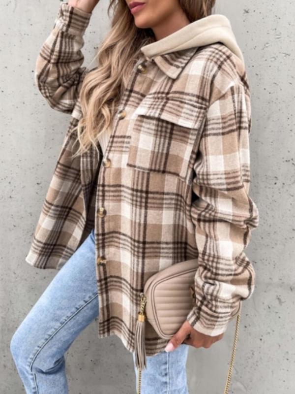 Women's Plaid Print Button Front Detachable Hooded Shirt Jacket, Casual Drop Shoulder Long Sleeve Flap Pocket Jacket for Fall & Winter, Women's Clothing for Daily Wear