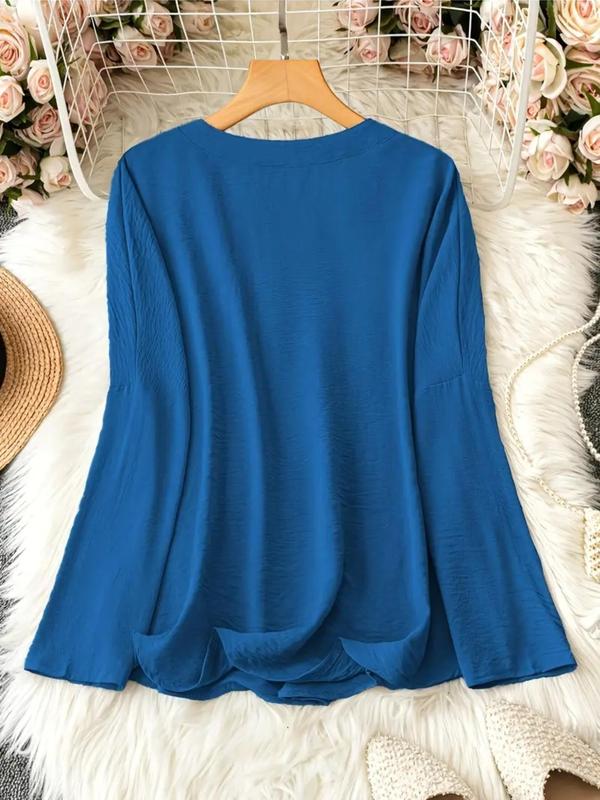 Women's Plain Notched Neck Drop Shoulder Blouse, Casual Long Sleeve Top for Spring & Fall, Women's Clothing for Daily Wear