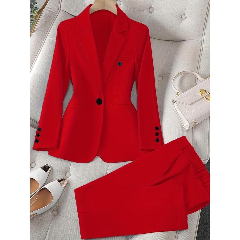 Long Sleeve Solid Color Elegant Suit Set, Slim Blazer & Straight Leg Pants, Women's Clothing