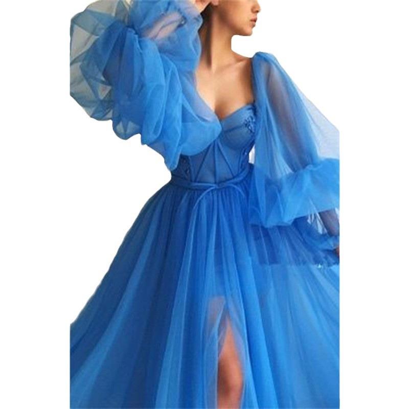 2024 Cross-Border Spring and Summer New European and American Women's Clothing off-Shoulder Mesh Long Sleeve One-Piece Dress Wedding Dress Dress Large Swing Dress