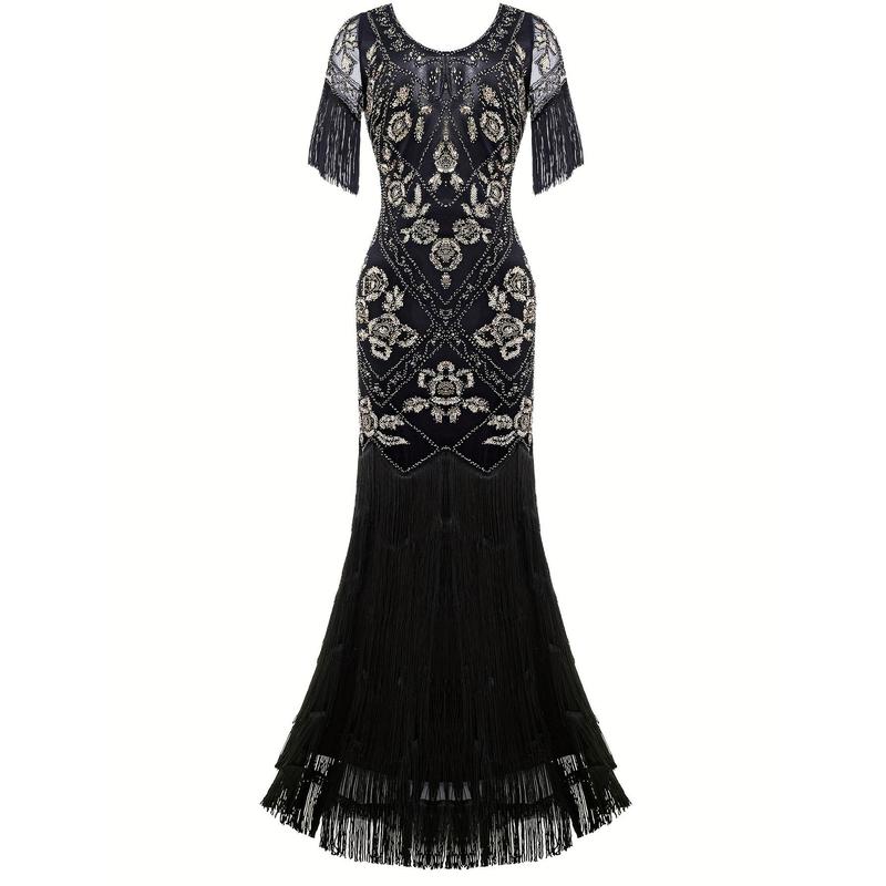 WOMEN'S flapper dress 1920s v-neck evening gown beaded maxi dress for wedding black silver