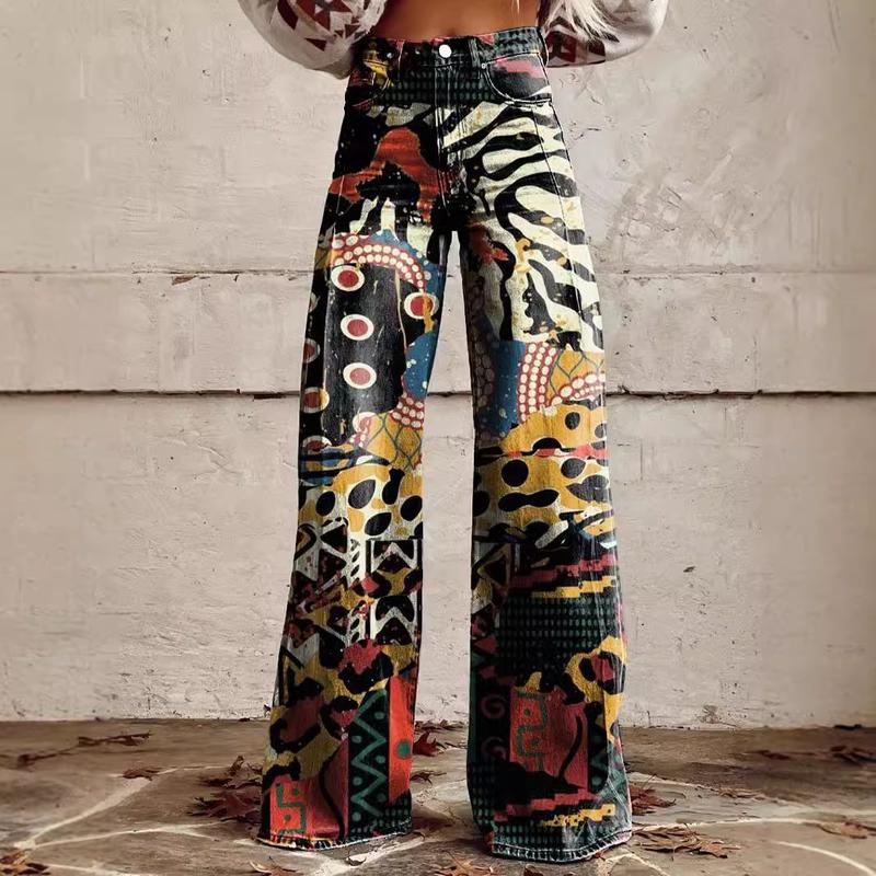 European and American plus Size Casual Pants Thin Imitation Jeans Wide Leg Pants 3D Hot Selling Women's Pants