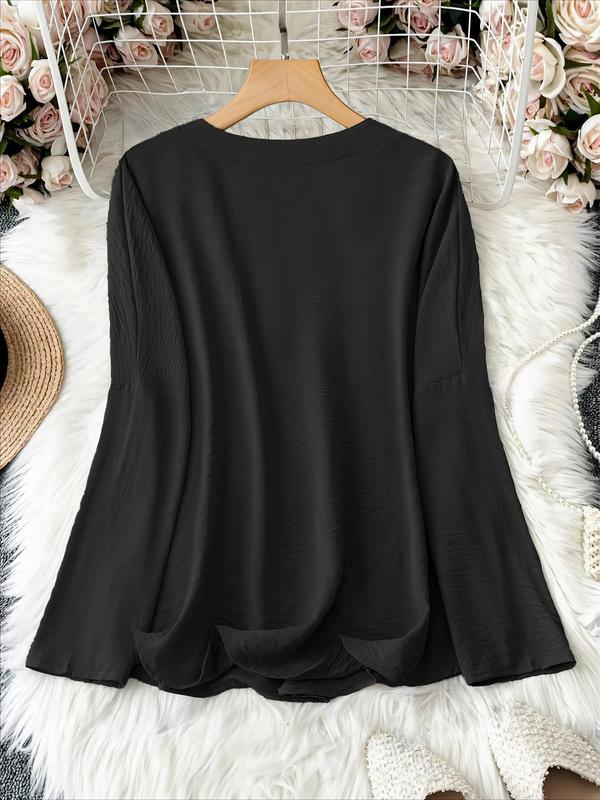 Women's Plain Notched Neck Drop Shoulder Blouse, Casual Long Sleeve Top for Spring & Fall, Women's Clothing for Daily Wear